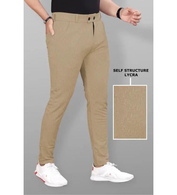 Men Slim Fit Khaki Lycra Blend Trousers