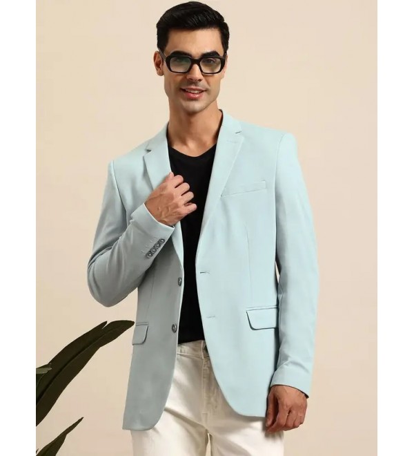 Men Solid Single Breasted Formal Blazer  (Blue)