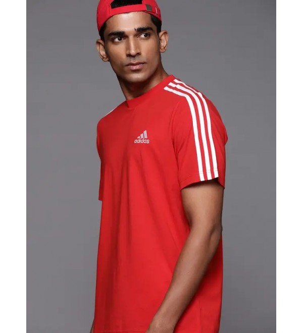 Men Striped Round Neck Pure Cotton Red T-Shirt