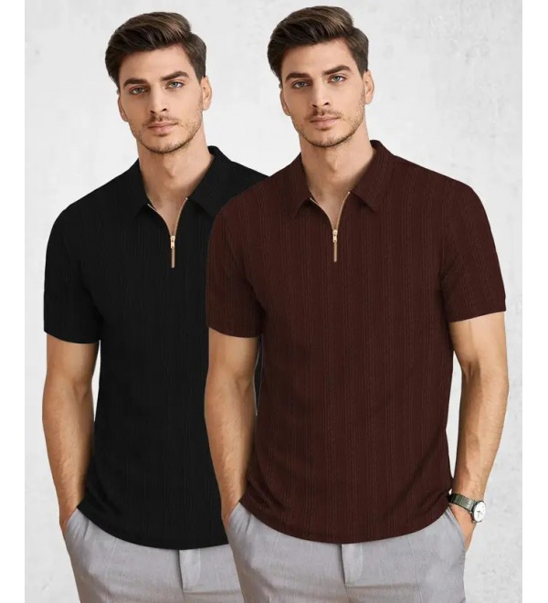 Pack of 2 Men Self Design Polo Neck Polyester Brown, Black T-Shirt