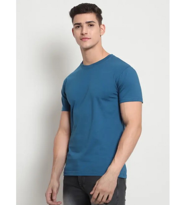 Men Solid Round Neck Pure Cotton Blue T-Shirt