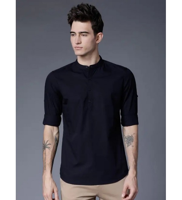 Men Slim Fit Solid Mandarin Collar Casual Shirt