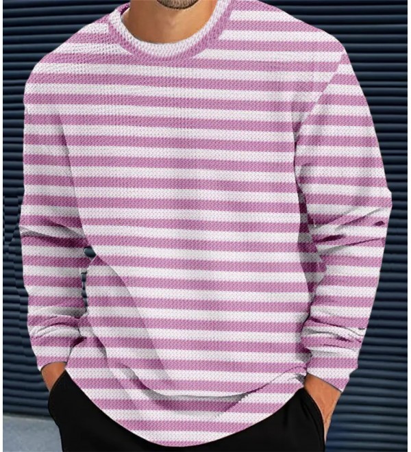 Men Striped Round Neck Polyester Pink T-Shirt