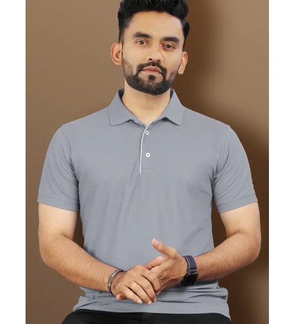 Men Solid Polo Neck Polyester Grey T-Shirt