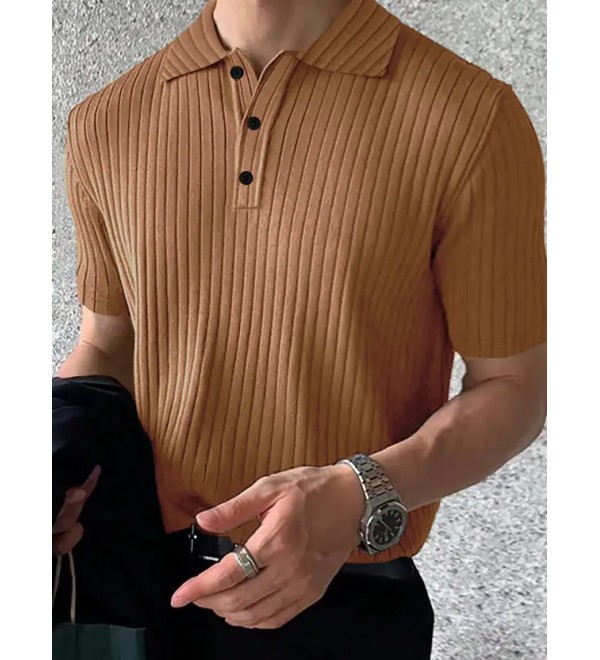 Men Striped Polo Neck Cotton Blend Brown T-Shirt