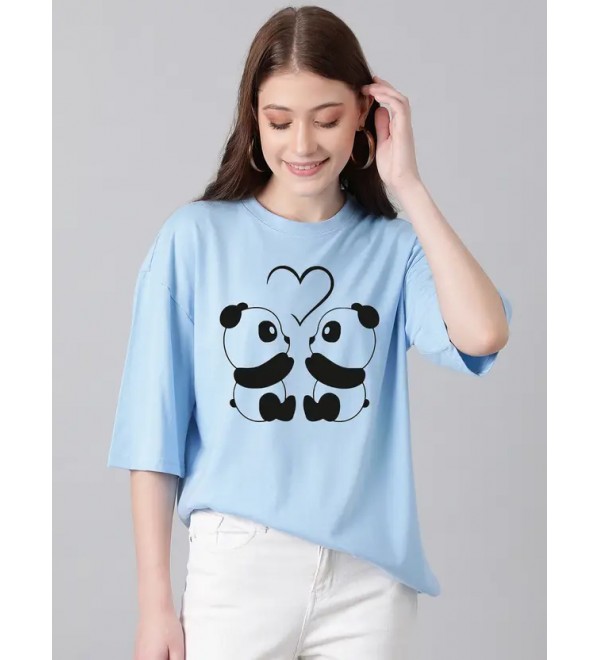 Women Printed Round Neck Cotton Blend Light Blue T-Shirt
