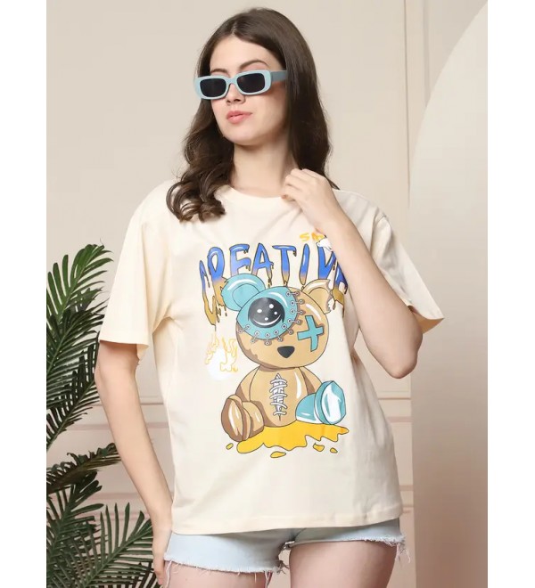 Women Printed Round Neck Pure Cotton Beige T-Shirt
