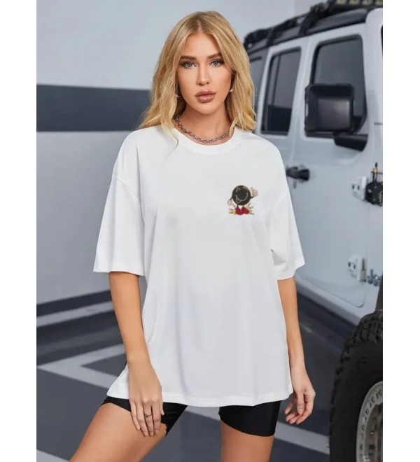 Women Printed Round Neck Polyester White T-Shirt