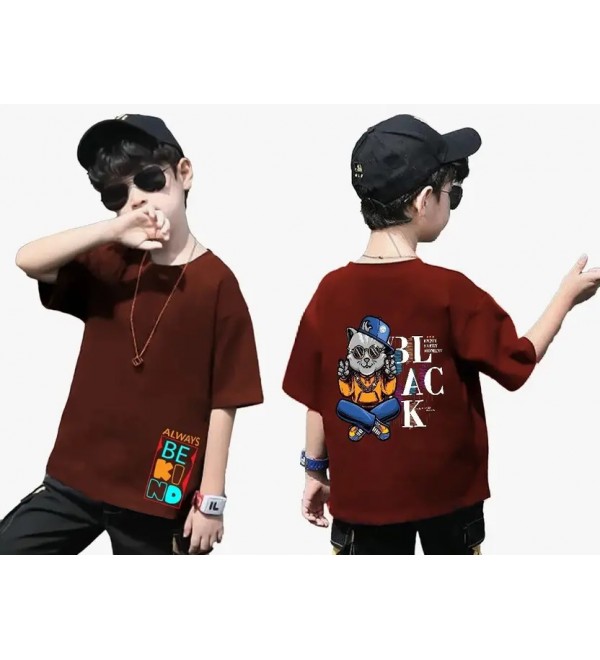 Boys Printed Pure Cotton Oversized T Shirt  (Maroon, Pack of 1)