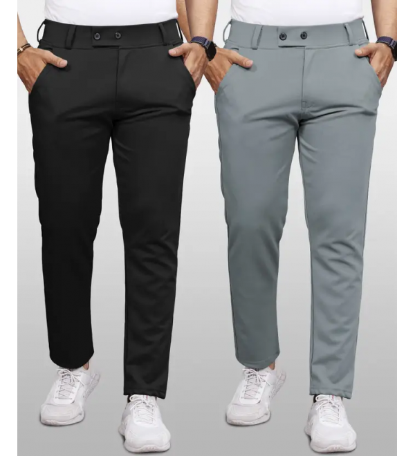 Pack of 2 Men Regular Fit Black, Grey Lycra Blend Trousers