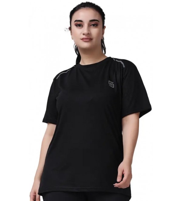 Women Solid Round Neck Polyester Black T-Shirt