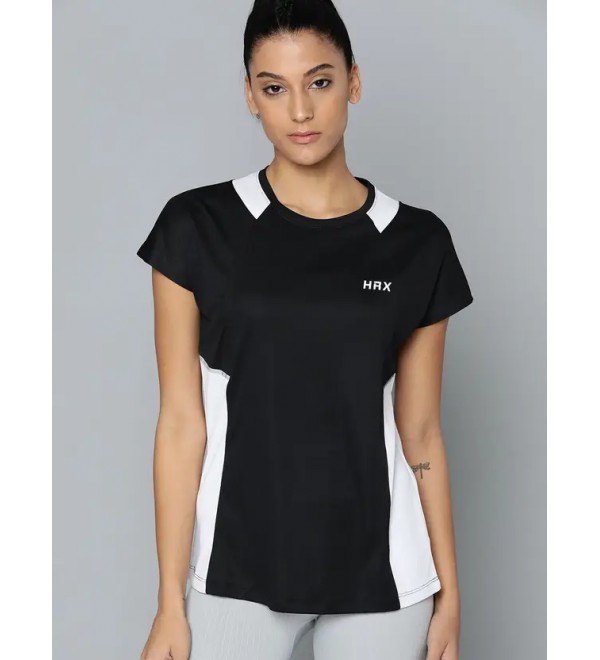 Women Colorblock Round Neck Polyester Black T-Shirt