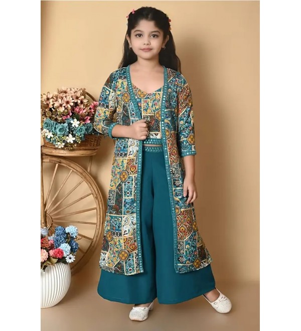 Girls Festive & Party Ethnic Jacket, Kurta and Palazzo Set  (Green Pack of 1)