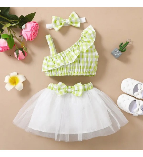 Girls Above Knee Party Dress  (Green, Sleeveless)