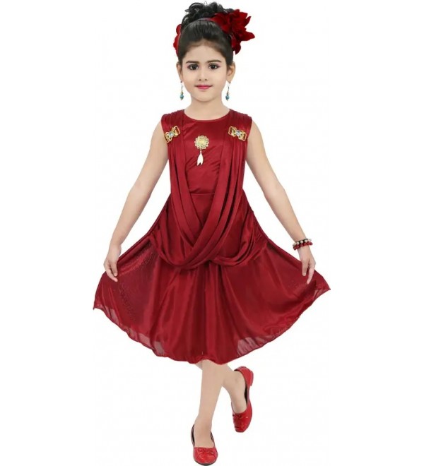 Girls Midi/Knee Length Casual Dress  (Maroon, Sleeveless)