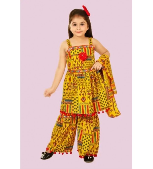 Girls Above Knee Festive/Wedding Dress  (Yellow, Sleeveless)