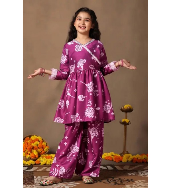 Girls Festive & Party Kurta and Palazzo Set  (Purple Pack of 1)