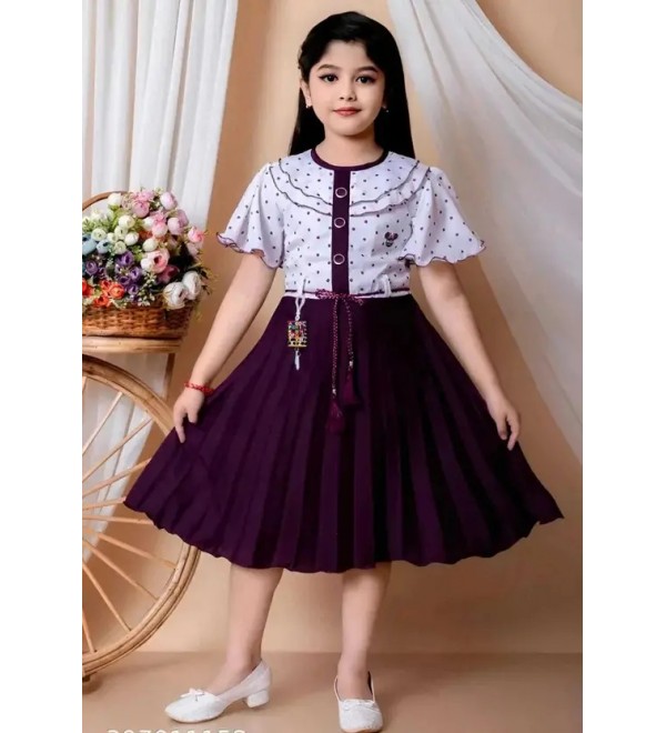 Girls Below Knee Festive/Wedding Dress  (Purple, Fashion Sleeve)
