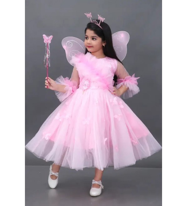 Girls Calf Length Party Dress  (Pink, 3/4 Sleeve)