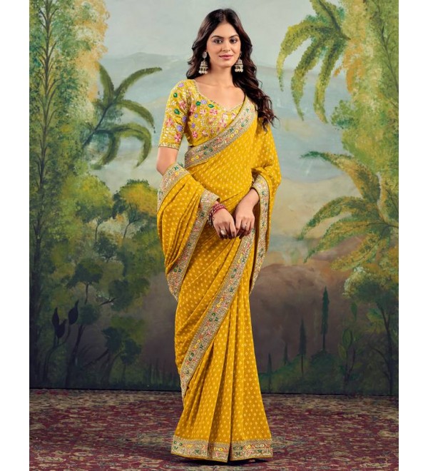 Embellished, Embroidered, Printed Bandhani Georgette, Lace Saree  (Yellow)