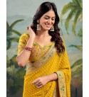 Embellished, Embroidered, Printed Bandhani Georgette, Lace Saree  (Yellow)