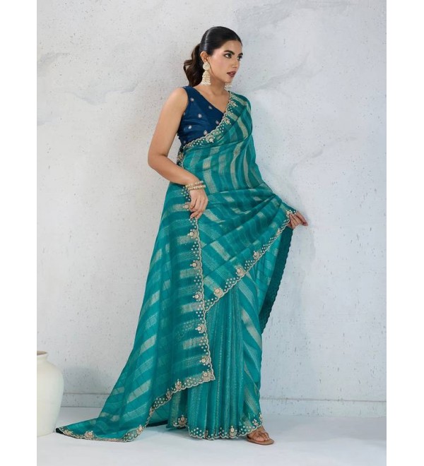 Embroidered Bollywood Tissue Saree  (Blue)