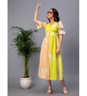 Women Fit and Flare Light Green, Beige, White Midi/Calf Length Dress
