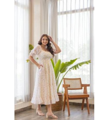 Women Fit and Flare White Maxi/Full Length Dress