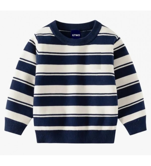 Boys Striped Round Neck Blue Sweater