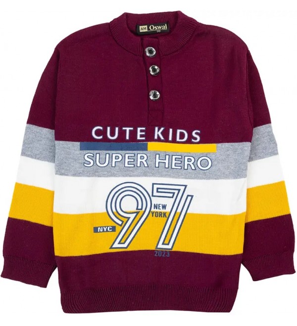 Boys Printed Round Neck Maroon Sweater