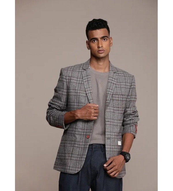 Men Checkered Single Breasted Casual Blazer  (Grey)