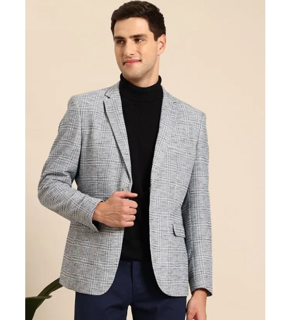 Men Checkered Single Breasted Formal Blazer  (Grey)
