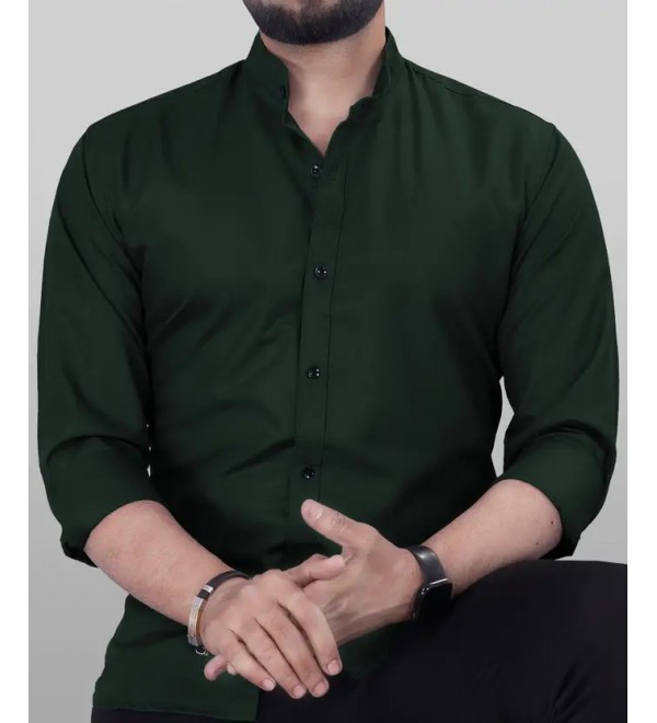 Men Regular Fit Solid Mandarin Collar Casual Shirt