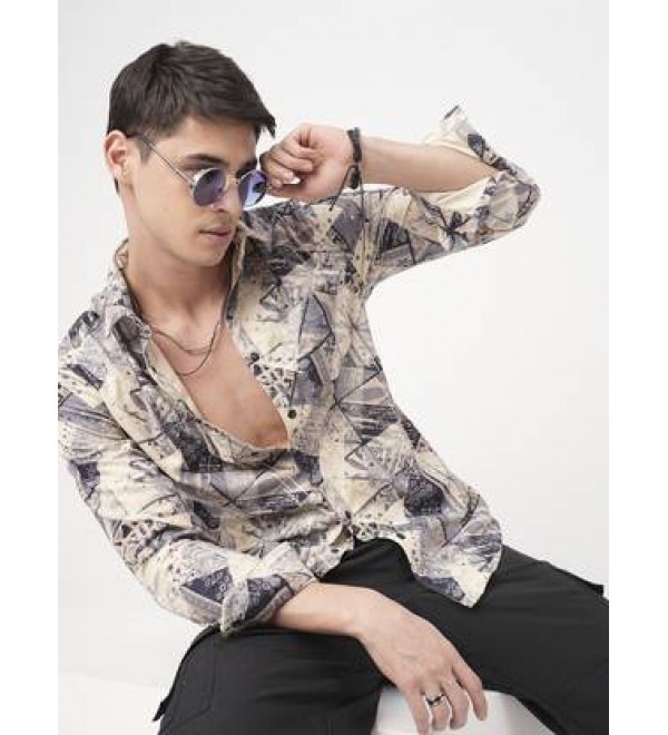 Men Slim Fit Self Design Cut Away Collar Casual Shirt