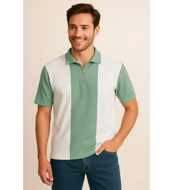 Men Checkered Zip Neck Cotton Blend White, Light Green T-Shirt