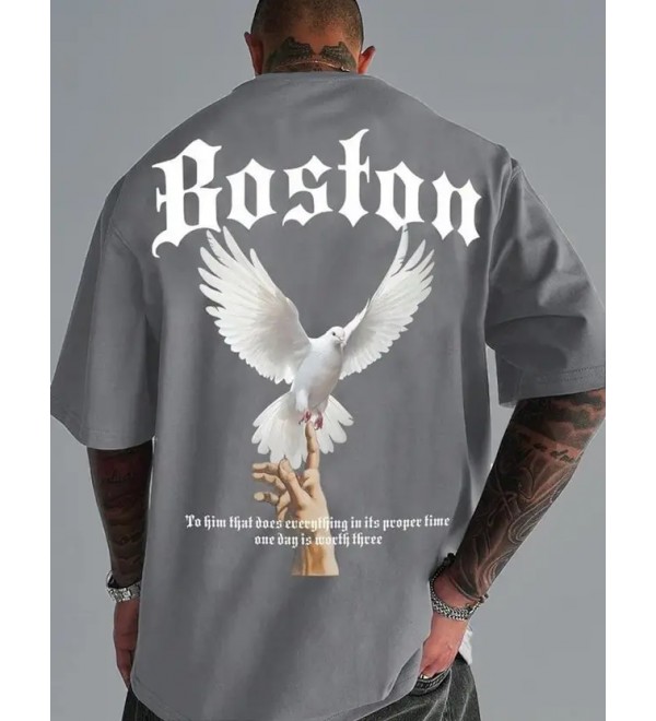 Men Printed Round Neck Cotton Blend Grey T-Shirt