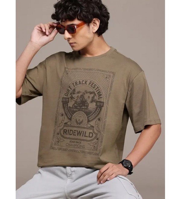 Men Printed Round Neck Pure Cotton Green T-Shirt