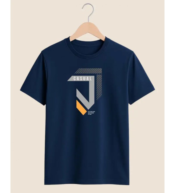 Men Printed Crew Neck Pure Cotton Navy Blue T-Shirt