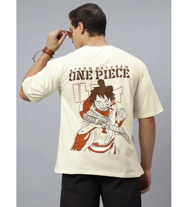 Men Graphic Print Round Neck Cotton Blend Beige T-Shirt