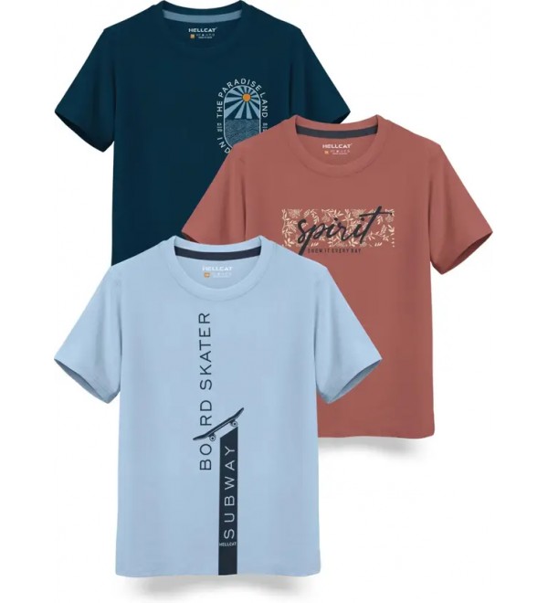 Boys Printed Cotton Blend Regular T Shirt  (Light Blue, Pack of 3)