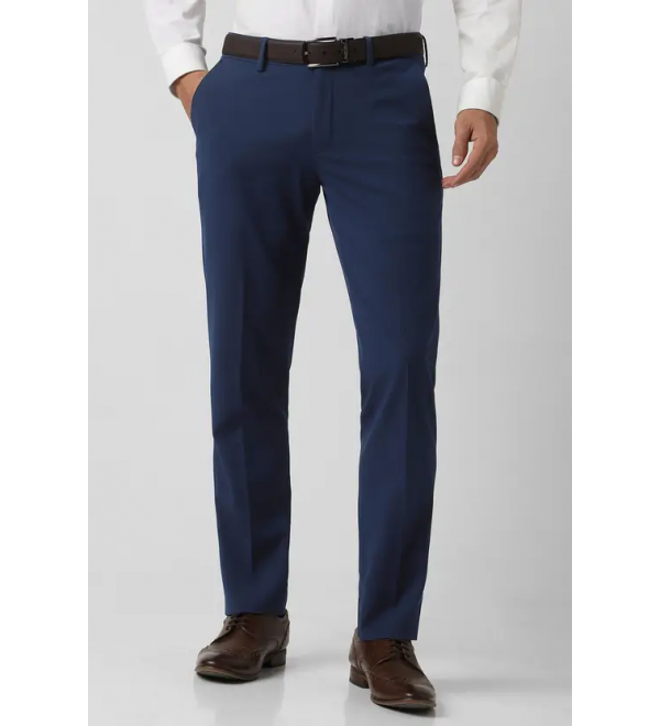 Men Slim Fit Blue Polyester Trousers