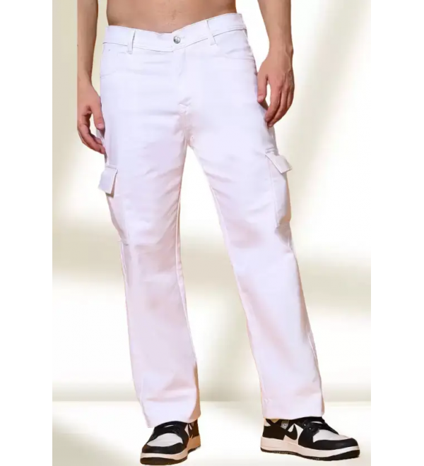 Men Loose Fit Mid Rise White Jeans