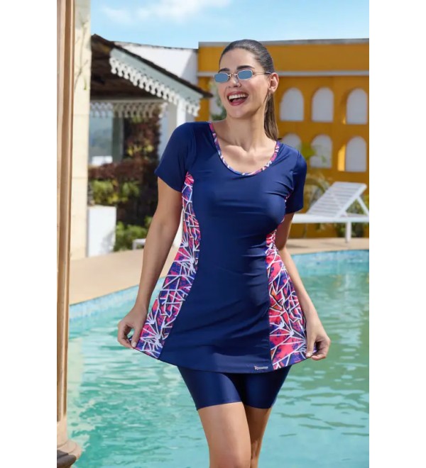 Graphic Print Women Swim-dress Blue Swimsuit
