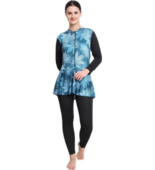 JMT Wear  One Piece Zip Front Rash Guard Full Body Long Sleeve Swimming Costume Swimwear Floral Print Women Swim-dress Blue Swimsuit