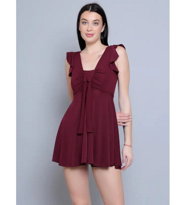 N-Gal Lycra Frock Style With Inner Short Padded One Piece Swimming Costume_Wine Solid Women Swim-dress Purple Swimsuit