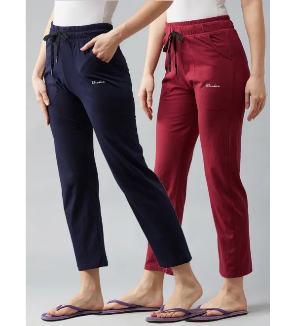 Pack of 2 Women Solid Maroon, Blue Track Pants