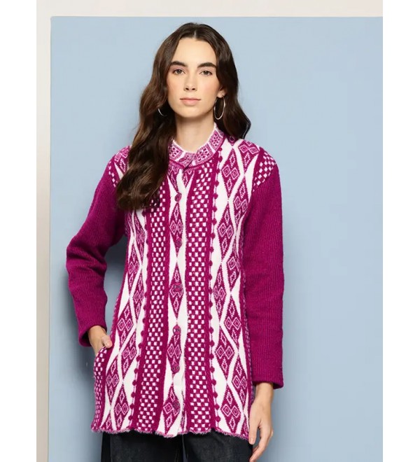 Solid Round Neck Casual Women Pure Wool Purple Cardigan