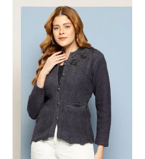 Solid Round Neck Casual Women Pure Wool Grey Cardigan