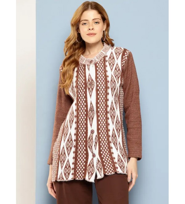 Solid Round Neck Casual Women Pure Wool Brown Cardigan