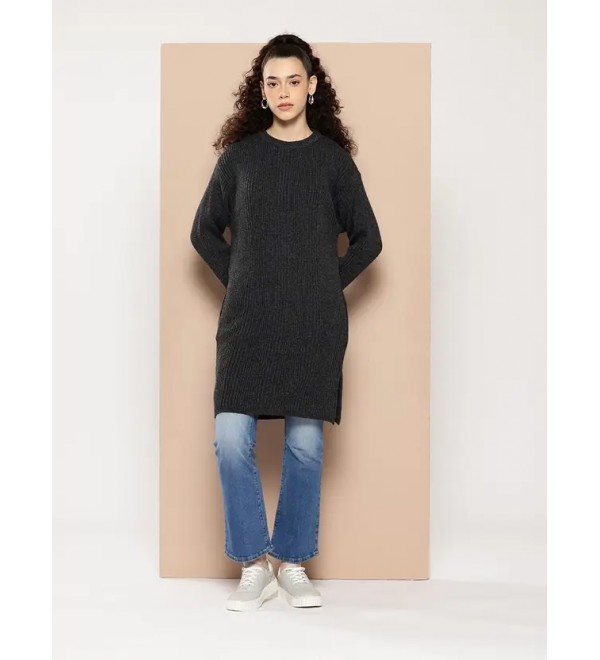 Round Neck Casual Women Pure Wool Grey Cardigan